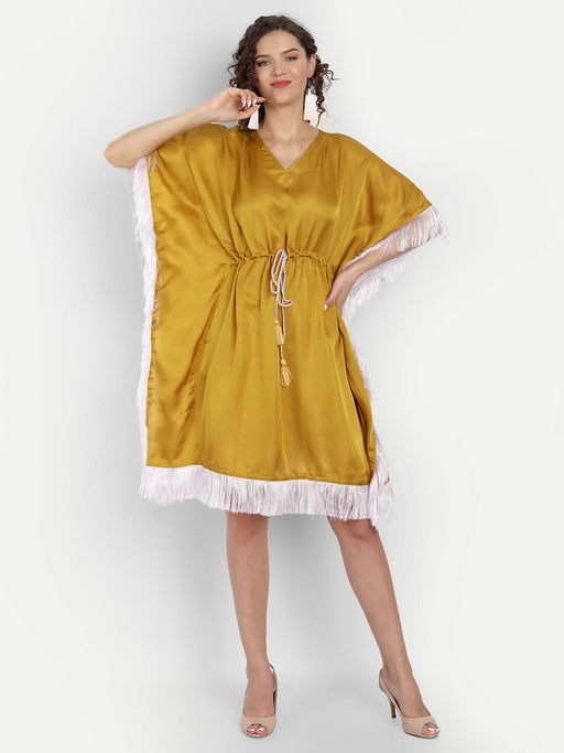 Mustard Modal Silk Kaftan Dress with Fringes Apparel & Accessories Jiron 