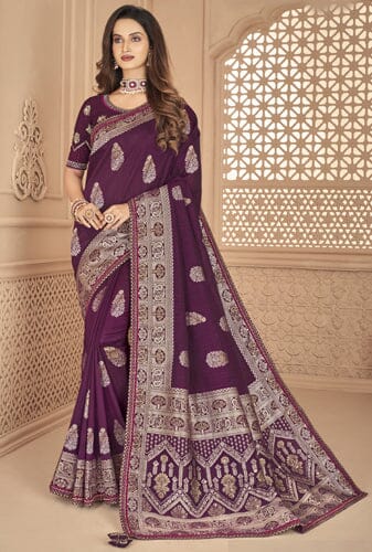 Designer Party Wear Embroidery Silk Saree Purple Colour With Embroidery Border And Embroidery Raw Silk Blouse. Apparel & Accessories Roopkashish 
