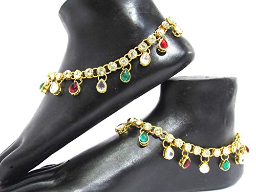 Shree Mauli Creation Multicolour Alloy Maroon Green Kundan Drop Anklet for Women Jewellery Sets Shree Mauli Creations 