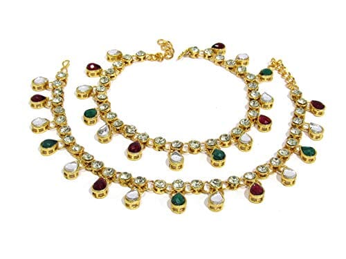 Shree Mauli Creation Multicolour Alloy Maroon Green Kundan Drop Anklet for Women Jewellery Sets Shree Mauli Creations 