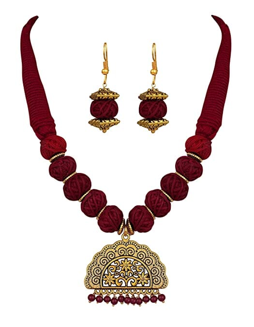 JFL - Jewellery For Less Gold Plated Small Bead Pendant with Cotton Bead Necklace and one Pair of Earring for Women & Girls jewellery Set JFL 