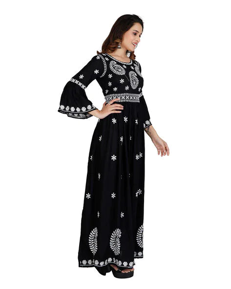ILYANA Women Embroidered Viscose Rayon Flared Kurta (Black) Apparel & Accessories ILYANA 