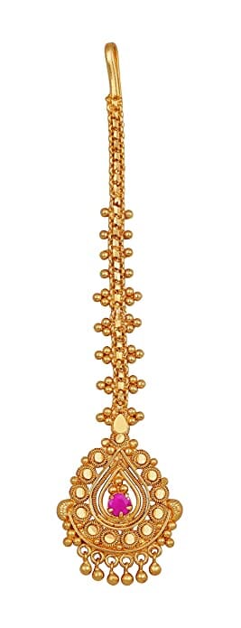 JFL- Jewellery for Less Traditional Stylish Gold Plated Ruby Red Color Stone Studded Leaf Design Mang Tikka for Women and Girls. jewellery Set JFL 