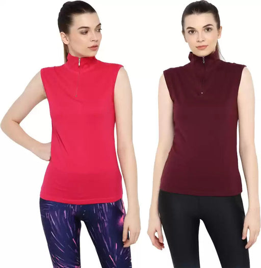 Ap'pulse Solid Women High Neck Maroon, Pink T-Shirt (Pack of 2) T SHIRT sandeep anand 
