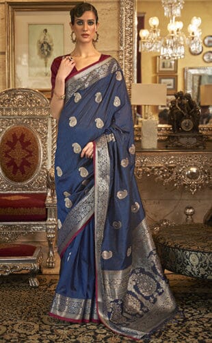 Designer Party Wer Meena Butti Blue Colour Woven Soft Silk Saree With Zari & Woven Border Tassal Pallu And Woven Blouse Material. Apparel & Accessories Roopkashish 
