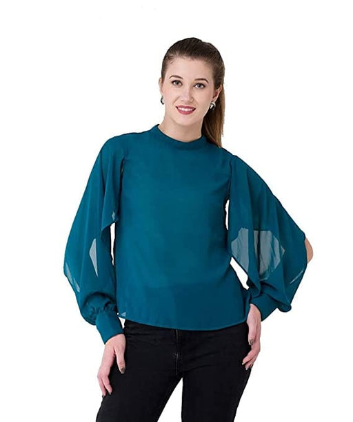 Bahrupiya Clothing Ban Collar Neck Solid Georgette Top/Full Sleeves A-line Top for Women TOP Bahrupiya Clothing XS Teal Blue 