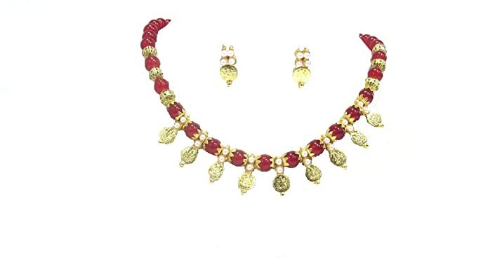 Shree Mauli Creation Red Alloy Red Beads Laxmi Cion Necklace Set for Women SMCN1167 Jewellery Sets Shree Mauli Creations 
