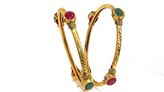 Shree Mauli Creation Golden Alloy Maroon Green Beads Antique Gold Bangles Set of 2 for Women SMCB56 Jewellery Sets Shree Mauli Creations 