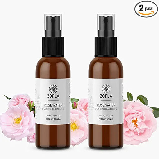 Zofla Natural and Pure Rose Water - Gulab Jal (Natural Toner) - Wildcrafted - Steam Distilled - For Eyes, Skin - Steam Distilled in Kannauj - (Pack of two 100ml bottles) - 200ml Zofla 