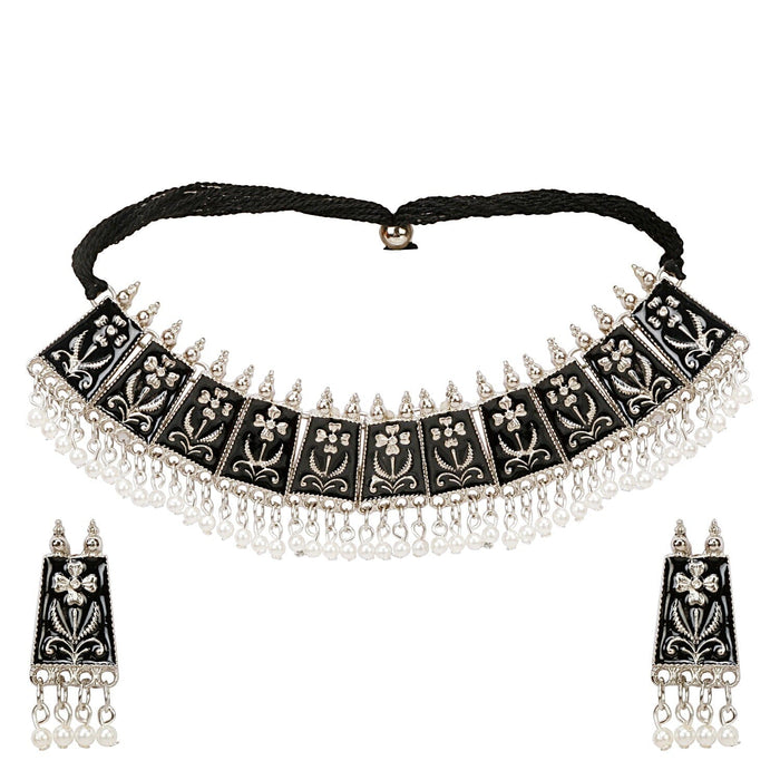 Aradhya Fashion Jewellery Antique Silver Black Meena Work Handcrafted Oxidised Necklace Set for Women Artifical Jewellery Aradhya Jewellery 