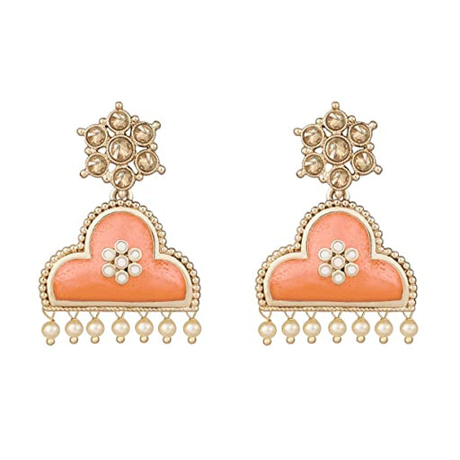 JFL - Jewellery for Less Gold Tone Floral Scallop Shape Meenakari Painted Cz LCD Stone Studded with Drop Pearl Dangler Earring for Women and Girls JFL 
