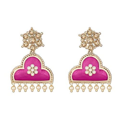 JFL - Jewellery for Less Gold Tone Floral Scallop Shape Meenakari Painted Cz LCD Stone Studded with Drop Pearl Dangler Earring for Women and Girls JFL 