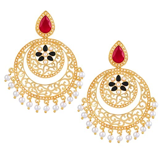 JFL - Jewellery for Less Fashion Ethnic Gold Plated Pearl and Crystal Stone Studded Chandbali Earrings for Women and Girls JFL 