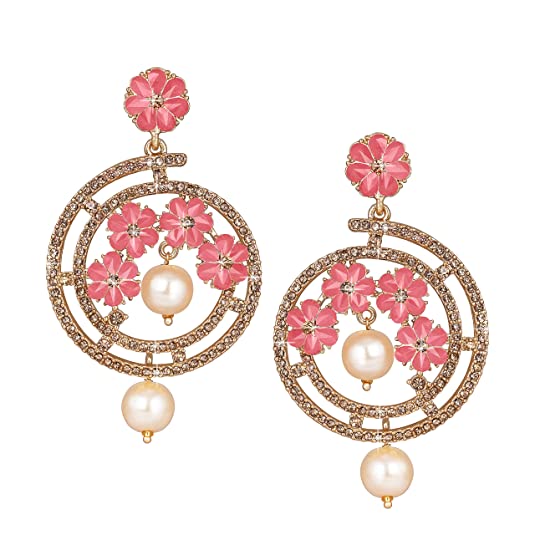 JFL - Jewellery for Less Gold Tone Floral Design Polki stone and LCD diamond with pearl Drop dangler Stud Earring for Girls & Woman? JFL 