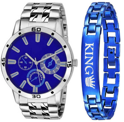 Men Steel Chain Blue Dial Analog Watch With King Blue Bracelet Combo Men Watch Star Enterprise 