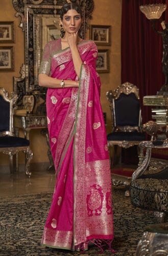 Designer Party Wer Meena Butti Pink Colour Woven Soft Silk Saree With Zari & Woven Border Tassal Pallu And Woven Blouse Material. Apparel & Accessories Roopkashish 
