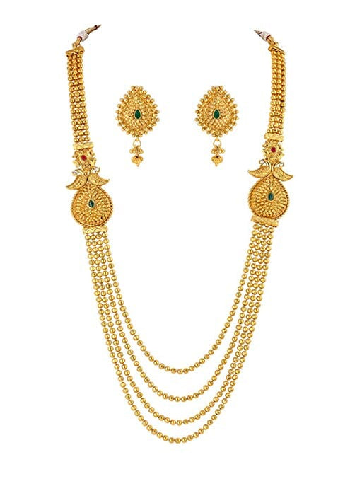 JFL - Jewellery for Less Gold Plated Rani Haram Necklace Set with Adjustable Thread for Women and Girls (Green) JFL 