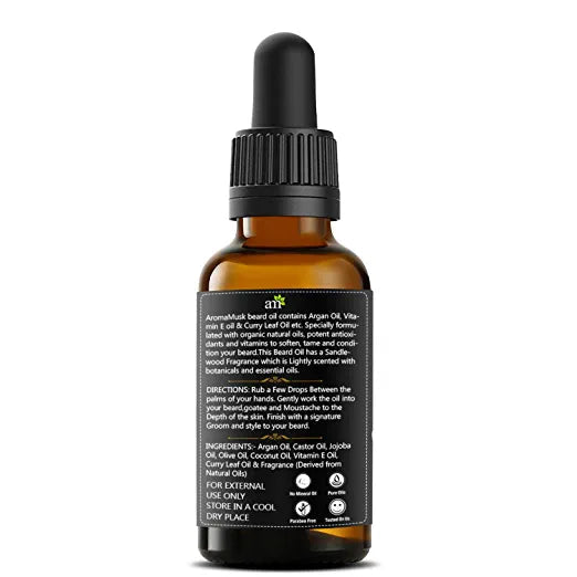 AromaMusk 100% Natural Beard & Hair Growth Oil - Sandalwood, 30ml (With Goodness Of Argan, Jojoba & Vitamin E Oil) Aroma Musk 