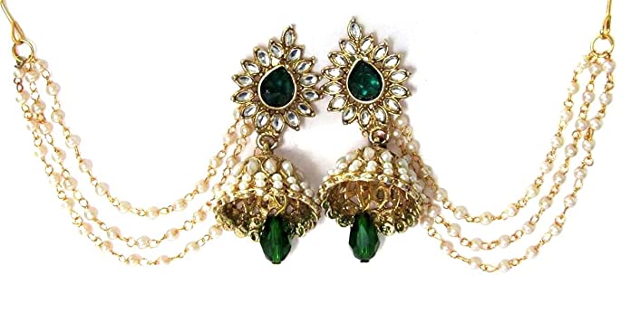 Shree Mauli Creation Alloy Drop Jhumka with Pearl Ear Chain Earring for Women (Green) Jewellery Sets Shree Mauli Creations 