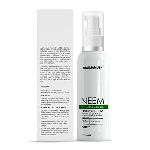 AromaMusk USDA Organic 100% Pure Cold Pressed Neem Oil For Hair, Skin & Nails - Natural Insect Repellent, 100ml Aroma Musk 