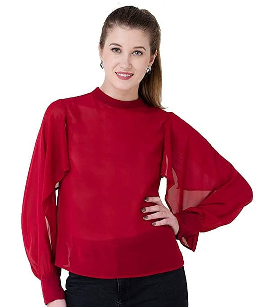 Bahrupiya Clothing Ban Collar Neck Solid Georgette Top/Full Sleeves A-line Top for Women TOP Bahrupiya Clothing XS Maroon 