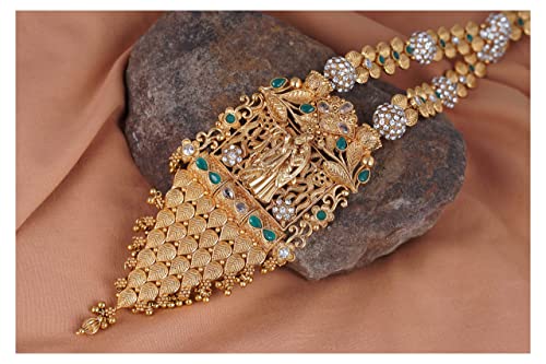 JFL - Jewellery for Less Latest Traditional Gold Plated Radha Krishna Design Pendant Floral Leaf Design White and Green Stone Studded Long Necklace with Jhumki Earring for Women and Girls. JFL 