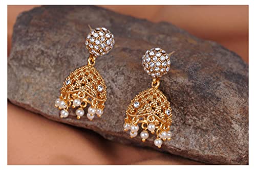 JFL - Jewellery for Less Latest Traditional Gold Plated Radha Krishna Design Pendant Floral Leaf Design White and Green Stone Studded Long Necklace with Jhumki Earring for Women and Girls. JFL 