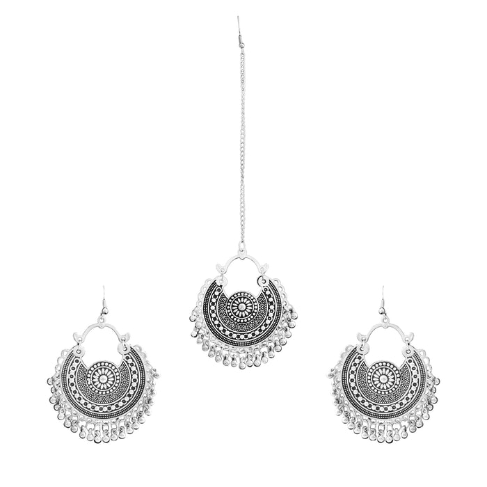 Aradhya bollywood inspired Silver Oxidised Black Meena Chandbali Earrings with Maang tikka Ser for Women and Girls Artifical Jewellery Aradhya Jewellery 
