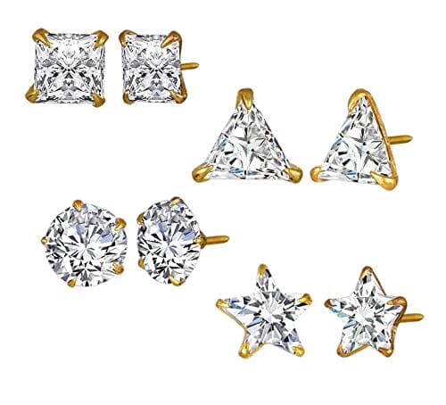 JFL - Jewellery for Less Fashion Combo of Round, Star, Triangle, Square Shape Single Austrian Diamond Gold Plated Stud Earring Set for Women and Girls (Set of 4) JFL 