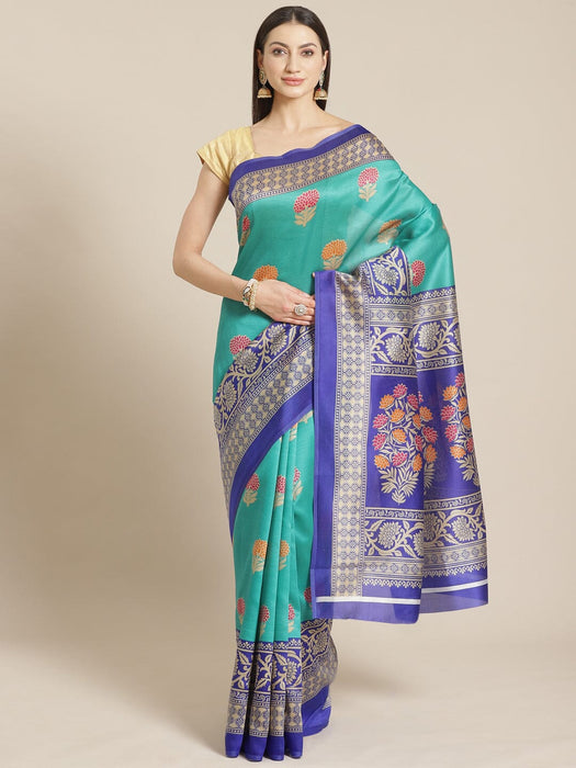 SVB SAREE Green And Blue Floral Printed Mysore Silk Saree SAREES SVB Sarees 