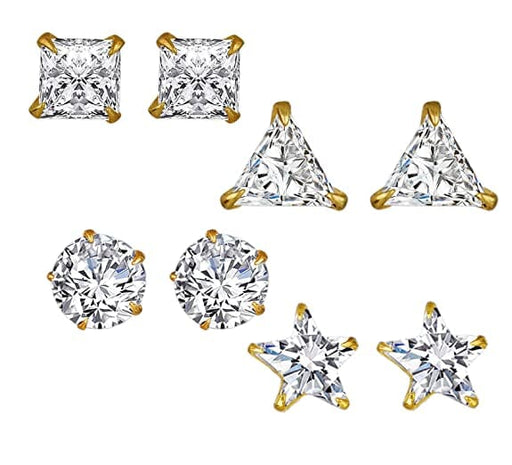 JFL - Jewellery for Less Fashion Combo of Round, Star, Triangle, Square Shape Single Austrian Diamond Gold Plated Stud Earring Set for Women and Girls (Set of 4) JFL 