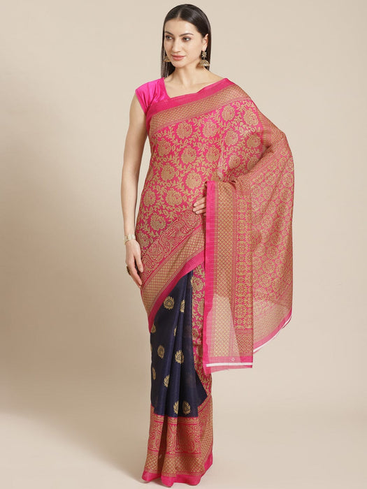 SVB SAREE Pink And Dark Blue Mysore Silk Printed Saree SAREES SVB Sarees 