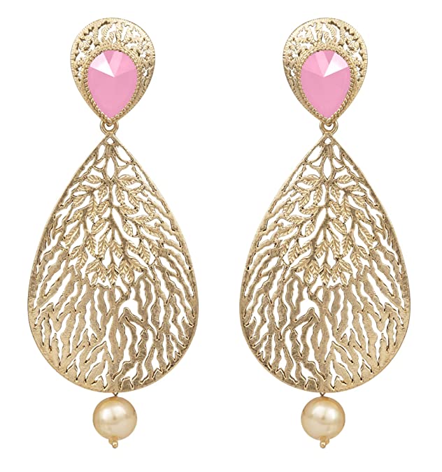 JFL - Jewellery for Less Gold Tone Polki Stone Studded with Drop Pearl Dangler Earrings for Women and Girls JFL 