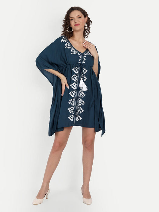 Blue Embroidery Kaftan Dress with waist Tie Up Apparel & Accessories Jiron 