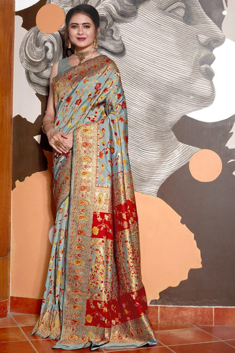 Soft Banarasi Grey Silk Saree With Heavy Mina Weaving Rich Pallu Saree. Apparel & Accessories Roopkashish 