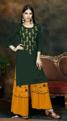 Women Kurta and Sharara Set (Green) Apparel & Accessories ILYANA 