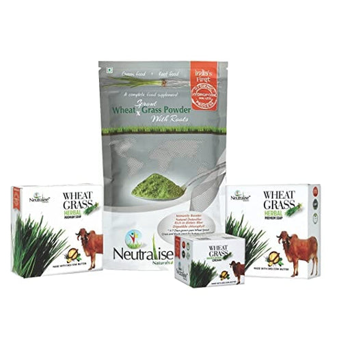 Neutralise Naturals Skin Care Combo of One Wheat Grass Powder with Roots of 100 Gms, Moisturizer and Two Soaps | Reduces Signs of Aging, Stretch Marks, Scars Skin Care Combo Neutralise Naturals. 
