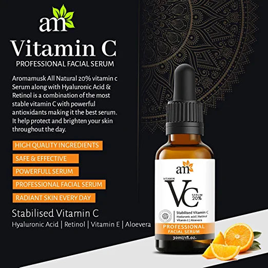 AromaMusk Vitamin C 20% Night & Day Revitalizing Brightening Facial Serum With Vitamin E, Hyaluronic Acid and Retinol, 30ml Aroma Musk 