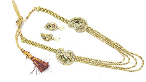 Shree Mauli Creation Multi Color Alloy Golden 4 Line Peacock Brooch Stone Necklace Set for Women Jewellery Sets Shree Mauli Creations 