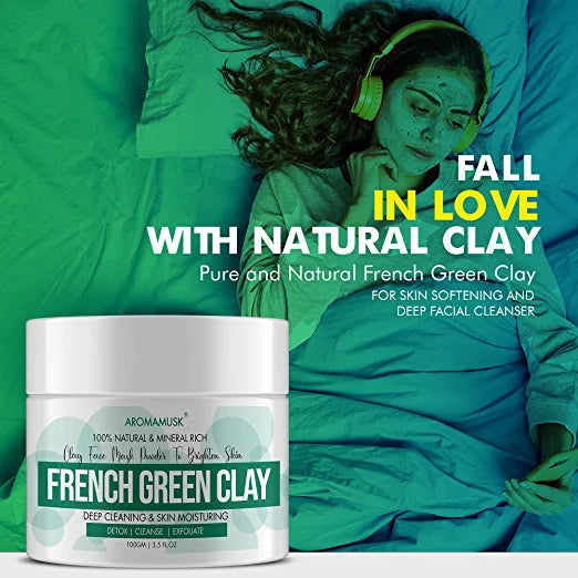 AromaMusk Pure and Natural French Green Clay 100gm | 100% Pure Montmorillonite Clay For Face & Body | Sourced From France - For Skin softening and Deep facial cleanser Aroma Musk 