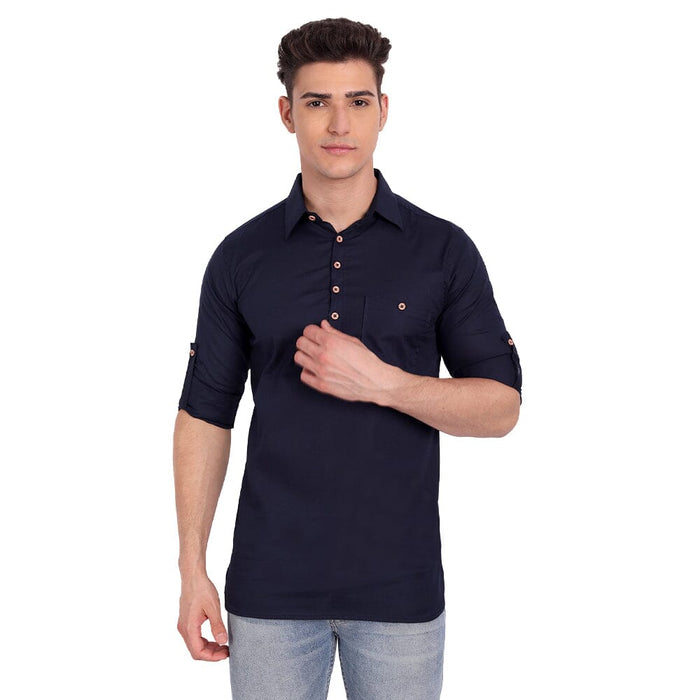 Vida Loca Navy Blue Cotton Solid Slim Fit Full Sleeves Collar Kurta For Men's Apparel & Accessories Accha jee online 