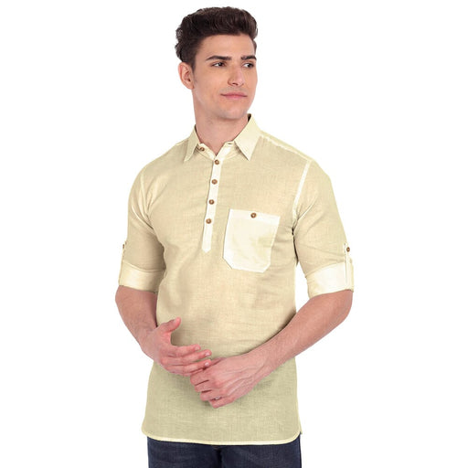 Vida Loca Beige Cotton Solid Slim Fit Full Sleeves Collar Kurta For Men's Apparel & Accessories Accha jee online 