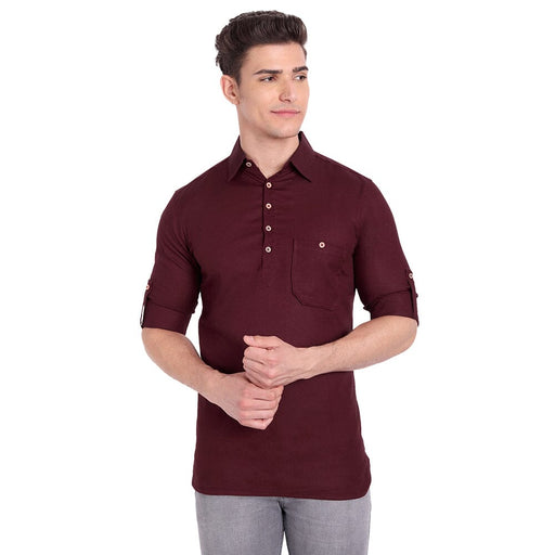 Vida Loca Maroon Cotton Solid Slim Fit Full Sleeves Collar Kurta For Men's Apparel & Accessories Accha jee online 