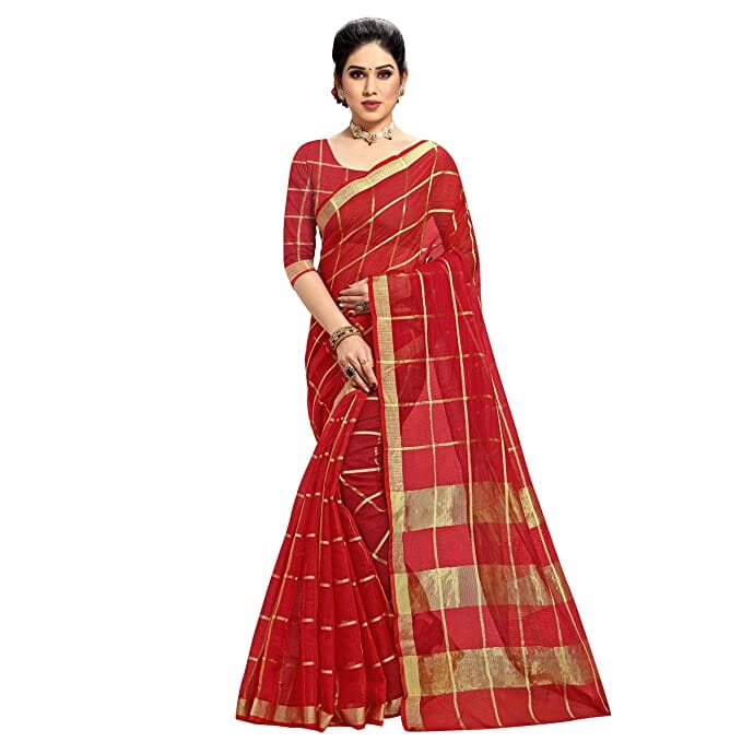 Sidhidata Women's Kota Doria Pure Cotton Saree With Unstiched Blouse Piece Pure Cotton Saree Sidhidata Textile Red 