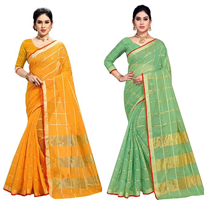 Sidhidata Women's Kota Doria Cotton Manipuri Saree With Unstitched Blouse Piece(Yellow & Green) pack of 2 Sidhidata textile 