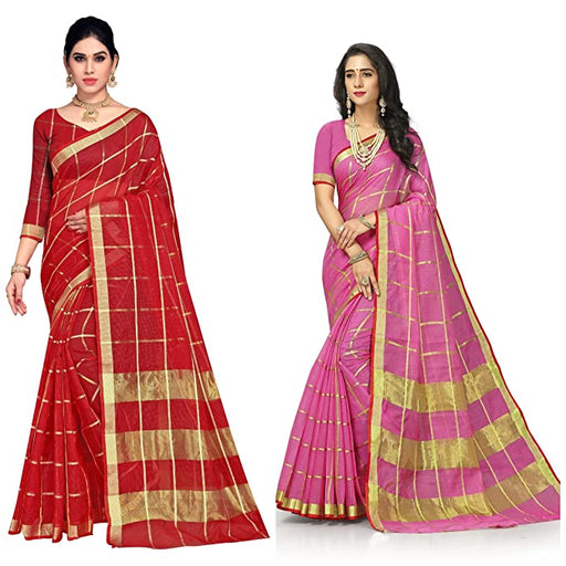 Sidhidata Women's Kota Doria Cotton Manipuri Saree With Unstitched Blouse Piece (Pack of 2) (Red & Pink) Sidhidata textile 