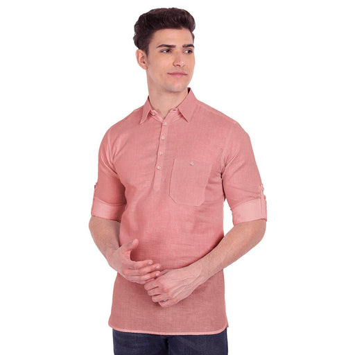 Vida Loca Peach Cotton Solid Slim Fit Full Sleeves Collar Kurta For Men's Apparel & Accessories Accha jee online 