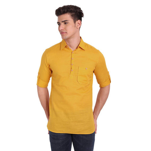 Vida Loca Yellow Cotton Solid Slim Fit Full Sleeves Collar Kurta For Men's Apparel & Accessories Accha jee online 