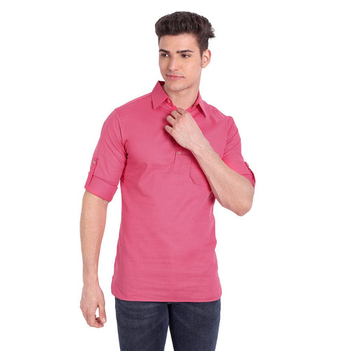 Vida Loca Pink Cotton Solid Slim Fit Full Sleeves Collar Kurta For Men's Apparel & Accessories Accha jee online 