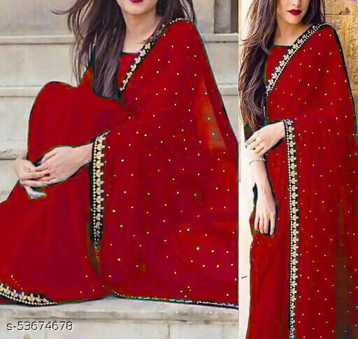 Women's Georgette Embroidery Border Moti Work Saree with Blouse Piece SAREE Nena Fashion RED 
